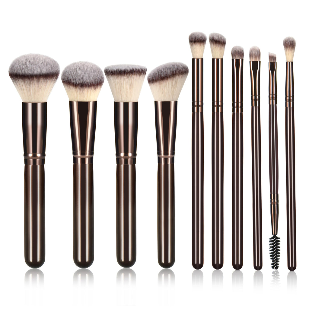 YJ-Anyue 10 Piece Black brown Makeup Brushes - Wooden Handle with Soft Synthetic Bristles,for Face & Eye Makeup|Professional Makeup Brushes set for Women & Girls|