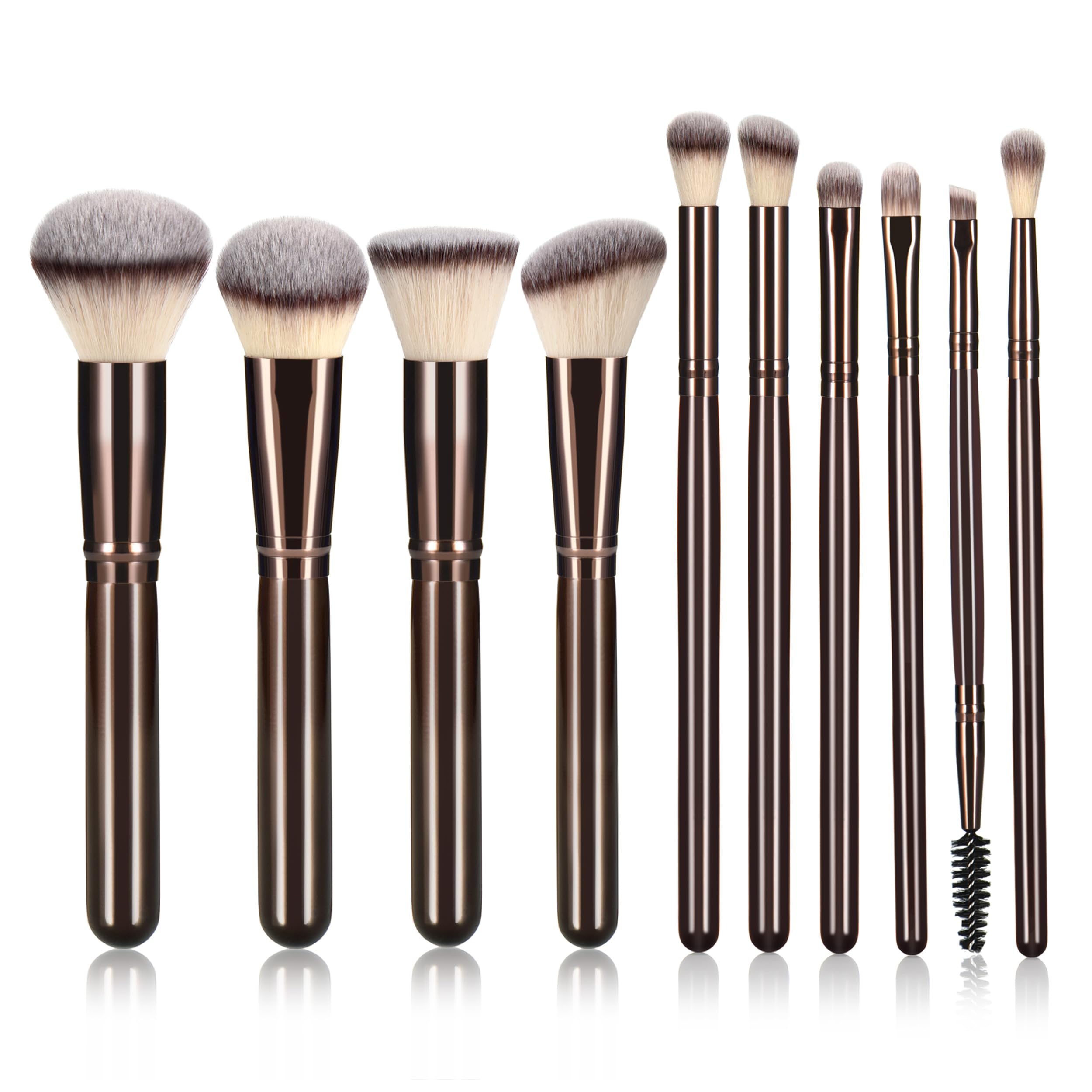 YJ-Anyue 10 Piece Black brown Makeup Brushes - Wooden Handle with Soft Synthetic Bristles,for Face & Eye Makeup|Professional Makeup Brushes set for Women & Girls|