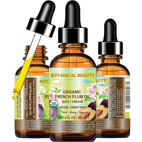 Botanical Beauty Organic French PLUM OIL 100% Pure Natural VIRGIN UNREFINED Cold-Pressed Carrier Oil for Face, Skin, Body, Hair, Lip, Nails. Rich in Vitamin E, Omega 6, Omega 9 (4 Fl Oz)