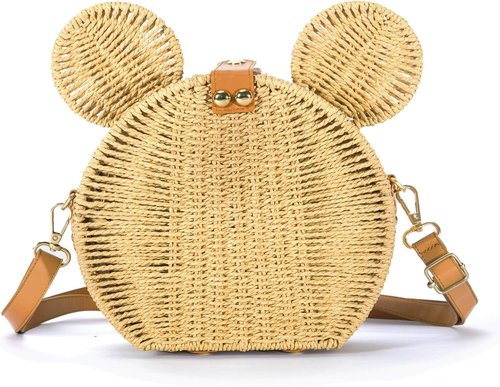 Skiennix Round Rattan Straw Bag - Handmade Cute Mouse Ear Wicker Purse | Crossbody Shoulder Handbag