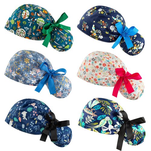 Scrub Caps Women Bouffant Scrub Caps, Adjustable Working Cap Ponytail Pouch Tie Back Shower Cap