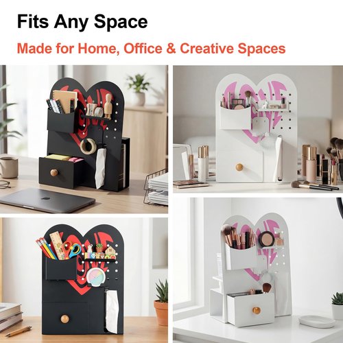 Magnetic Pegboard Organizer for Office Desk, Makeup Vanity, Stationery Storage, Gaming Desktop with 4 Metal Accessories Drawer Holder Hooks Modular - Home Decor Tabletop Display Kids Room - Black