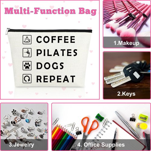 Mxrymvu Coffee Lover Gifts Makeup Bag Pilates Lover Gift Travel Bag Pilates Gifts for Women Birthday Zipper Pouch Funny Dog Lover Gifts New Pet Owner Gifts Coffee Pilates Dogs Repeat Cosmetic Bag
