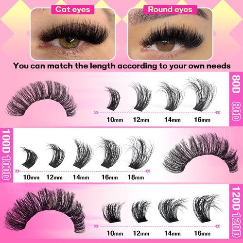 FANXITON Lash Clusters Thick Eyeash Clusters D Volume Lash Extensions 80D+100D+120D Eyelash Clusters 10-18mm Eye Lash Clusters Wispy Individual Lashes Sweatproof Clusters Eyelash Extensions