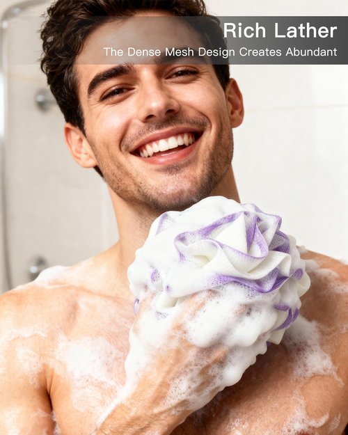Large Loofah Bath Sponge 70g, 6.3 Inch Exfoliating Shower Loofah, Soft Durable PE Mesh with Reinforced Knotting, Rich Lather Body Wash Scrubber, Sweet Little Gifts Set (B-4Pack)