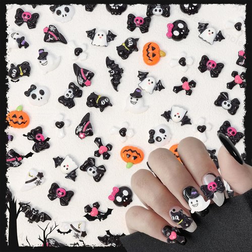 Halloween Resin Charms, 3D Vintage Punk Spider Skull Pumpkin Ghost Bat Nail Art Charms, Halloween Gothic Mini Figurines Charm for Nail Art Supplies DIY Crafts Accessories