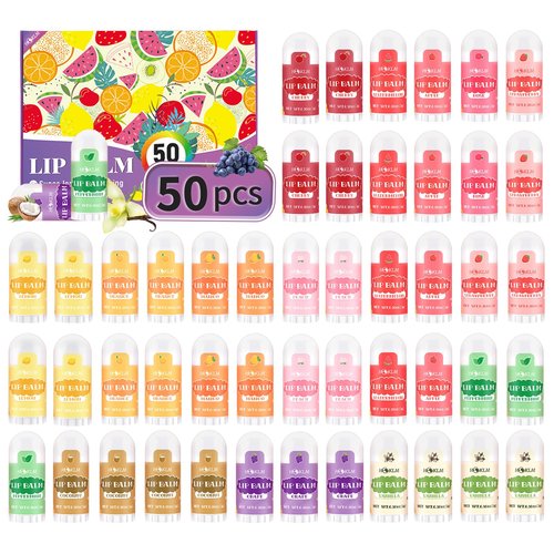 Mini Lip Balm 50 Pack, Natural Lip Balms with Vitamin E and Coconut Oil. Moisturizes for Dry Lips, Perfect for Christmas Gifts, Party Favors, Gift Bags and Small Gifts-13 Flavors