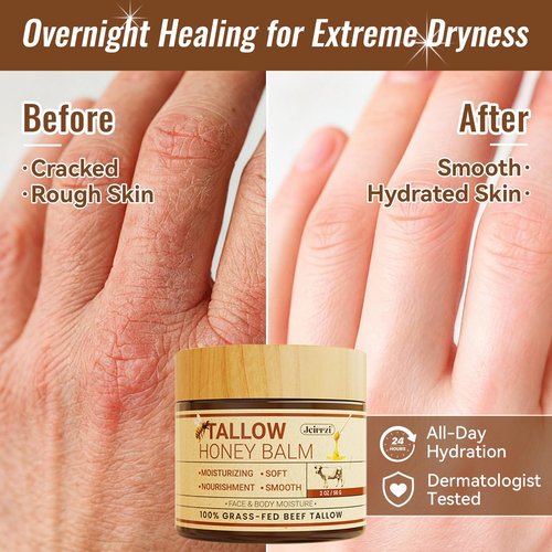 Jeirrzi Organic Beef Tallow for Skin, 100% Grass-Fed Tallow and Honey Balm for Face Body Moisturizer for Aging Dry Sensitive Skin, Deep Hydration & Nourishment 2 OZ