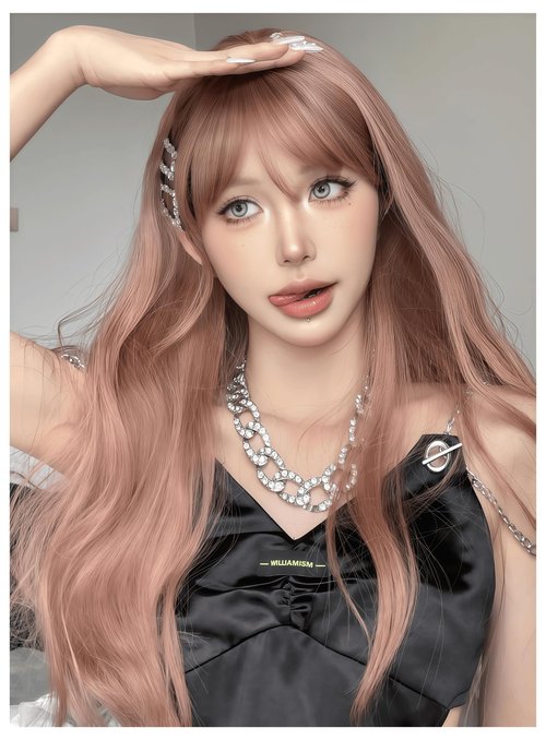 Aadesso peach beige color 65cm medium-length Wavy wigs for Daily Wear Heat Resistant Synthetic Matte wig with Realistic Simulation Scalp Middle Part with wig cap