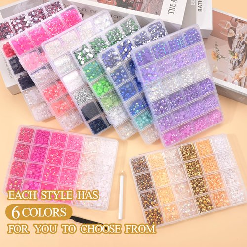 NACHLYNN 10000 Pcs Pink White Rhinestones and Pearls 3-8mm Half Pearl Bead Resin Rhinestones Kits Comes with Jewelry Pen and Tweezers Suitable for Nail Art Clothing Handmade DIY Decoration