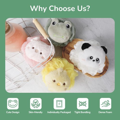 4 Pcs Kids Shower Loofah Set - Cute Animal Body Scrubber Sponges, Gentle Exfoliating Pouf for Boys and Girls Bath Time, Soft Bath Sponges for Children (Assorted Animals)