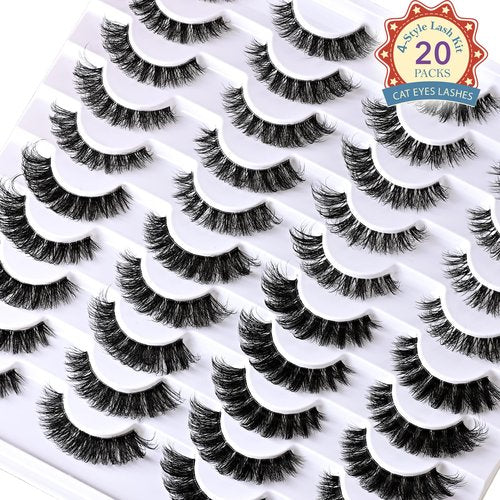 QUNETY Lashes False Eyelashes Cat Eye Lash Strips Variety Styles Clear Band Wispy Eyelash Pack 20 Pairs Fluffy Fake Strip Lash Bulk Natural Look Cateye Mink EyeLash Set Short Demi Wispies Pestañas