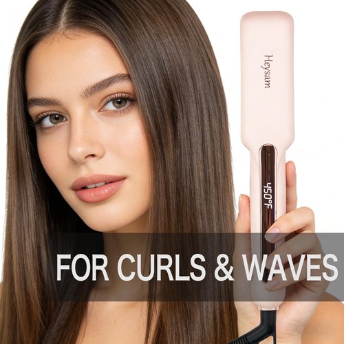 Heysam Flat Iron Hair Straightener and Curler 2 in 1, Travel Portable Dual Voltage Straightening Irons for Thick Hair, Ionic Iron Wide 1.6-Inch, 30S Fast Heating, LCD Display, Smooth & Frizzy, Pink