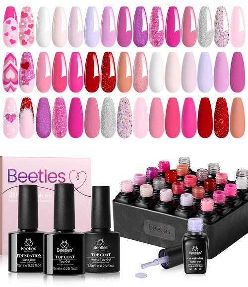 Beetles Pink Gel Polish Set Spring 20 Colors Hot Pink Alluring Sweetie Collection Nude Purple Glitter Red Uv Gel Manicure Kit with Base Glossy and Glitter Top Coat Gifts for Women