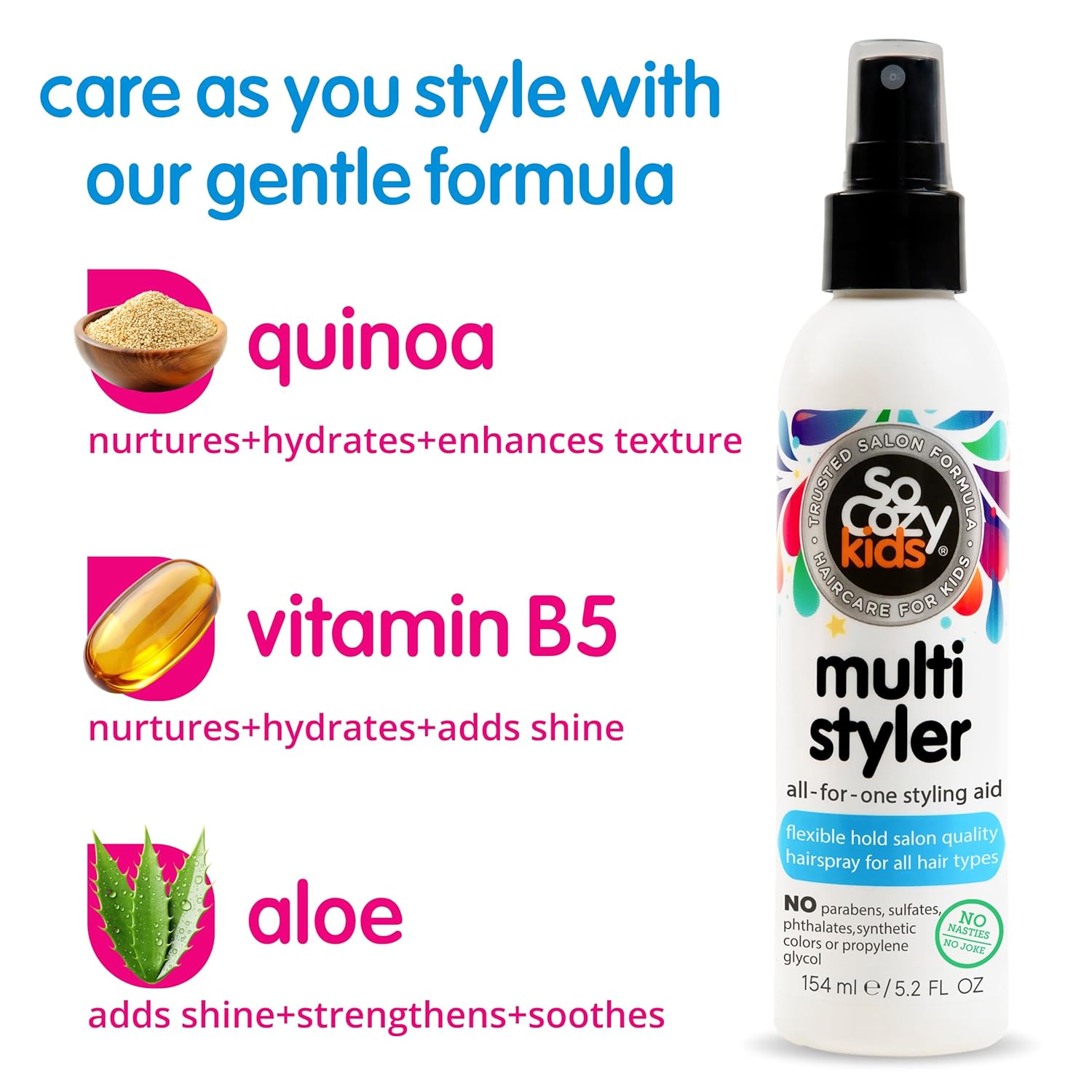 SoCozy Multi Styler - Kids' Hair Spray for Everyday Use | Gentle Formula with Quinoa & Aloe (5.2 Fl Oz)