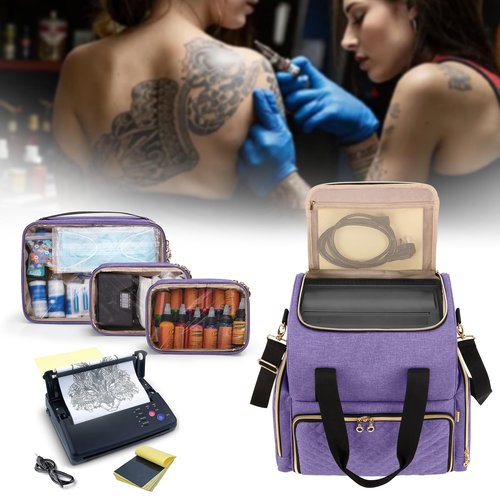 LUXJA Large Tattoo Travel Case with 3 Removable Pouches, Tattoo Supplies Organizer for Tattoo Stencil Printer and Tattoo Kit, Purple