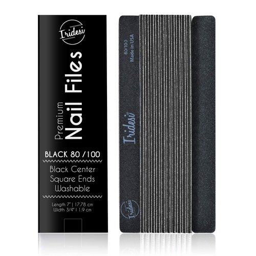 Professional Nail Files Black Washable Emery Boards 7 Inches Long Square End Serrated Edge 12 Fingernail Files Per Pack (80/100)