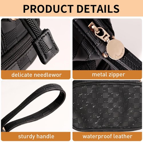 Abiudeng Large Makeup Bag for Women,Travel Makeup Organizer with Brush Holder, Dopp Kit Essentials,Waterproof Checkered Cosmetic Bag for Traveling,Multi Compartment,Cute,Spacious Capacity-Black
