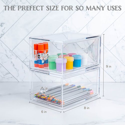 Oizeir Clear Drawer Organizers - Acrylic, Durable, Stackable, Pull-Out Drawer - Great for Medicine, Cosmetics, Makeup and Bathroom Organization (4.5" High | 2-PACK)
