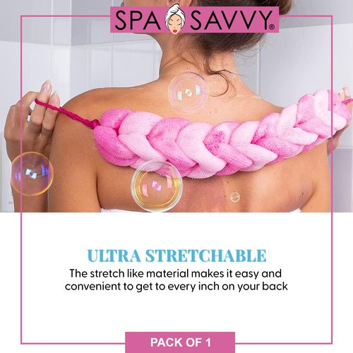 Spa Savvy Bath Loofah Back Scrubber, Long Stretch Mesh Shower Body Sponge with Rope Handles, Exfoliating Braided Pouf for Men and Women, Pink