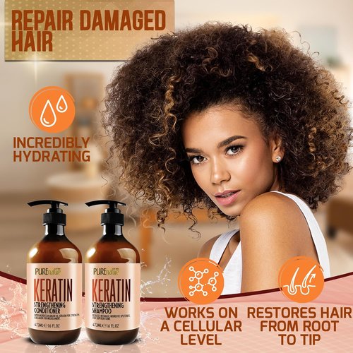 **Keratin Shampoo and Conditioner Set - Sulfate & Paraben Free Treatment for Dry, Curly Hair - Anti-Frizz, Collagen-Enriched Formula**