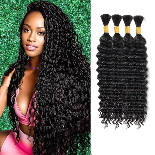 Human Braiding Hair for Boho Braids Deep Wave Bulk Human Hair 100g 24 Inch Curly Human Hair Extensions for Boho Braids Wet and Wavy Human Hair 4 Bundles/Pack Natural Color