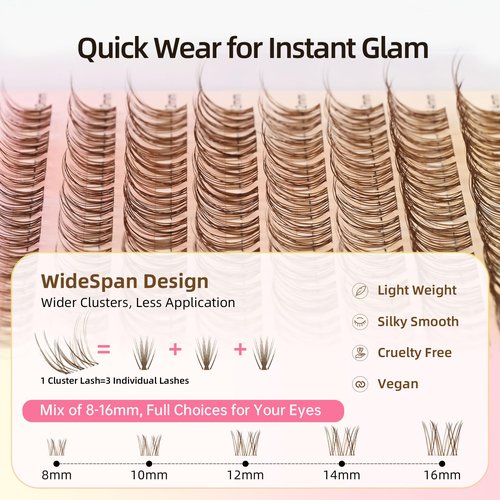 Natural Brown Lash Clusters with 0.05mm Thin Clear Band, Soft Wispy C Curl Lash Extensions, DIY Salon Effect with 8-16mm Lengths,Lightweight for Daily Wear,FayJoo AIRY 12 Brown Lash Only