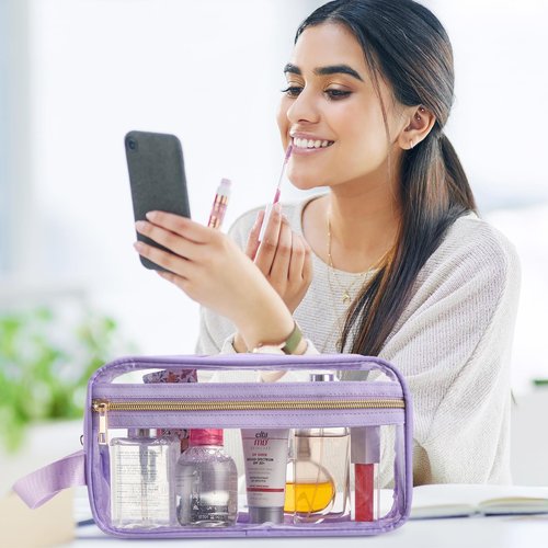 Pinkunn 3 Pcs Clear Makeup Bags Tsa Approved Toiletry Bag with Handles Cosmetic Bags with Zipper Small Clear Travel Toiletry Bag for Women Carry-on Travel Essentials(Blue, Purple, Pink)