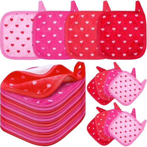 Frienda 24 Pcs Heart Makeup Remover Cloths - Soft Microfiber Washable Towels | 6" x 6" for Galentines' Day Gifts