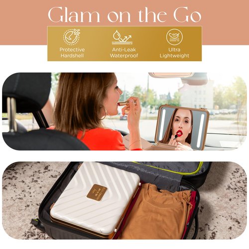 NJ GLAM Lighted Makeup Case with Mirror - Portable Travel Makeup Organizer with LED Mirror, 3 Light Settings, ADJUSTABLE DIVIDERS, Makeup Bag with Mirror and Light - Mini 10x Mirror included
