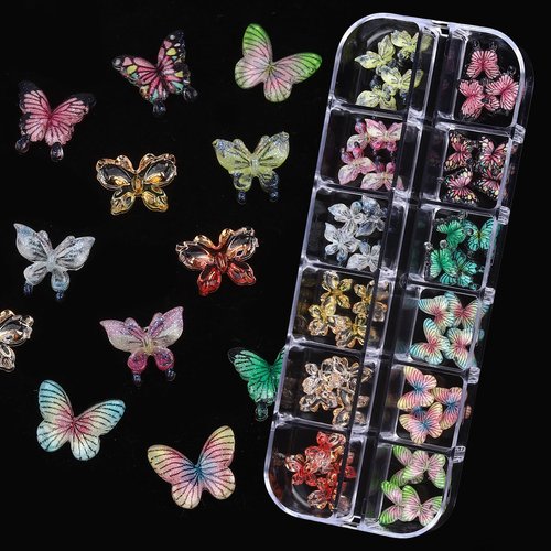 ROFIBUT Nail Charms, Multi Shape Nail Rhinestones Kit 3D Multi Shape Nail Gems Colorful Butterfly Flowers Nail Crystals Flat Back Nail Pearls for Nail Art Supplies DIY Accessories 6 Boxes