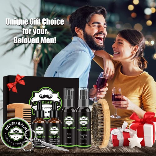LOKDLAWEN Beard Kit for Men with Beard Wash, Beard Conditioner, Beard Oil, Beard Balm, Brush, Comb, Scissors, Storage Bag, Gifts for Men Dad Husband Boyfriend