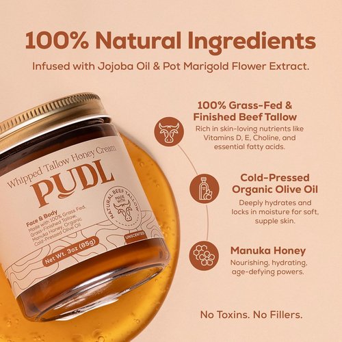 PUDL Grass Fed Beef Tallow Whipped Lotion Balm - Nourishing Anti-Aging Moisturizer with Manuka Honey & Jojoba Oil for Sensitive Skin
