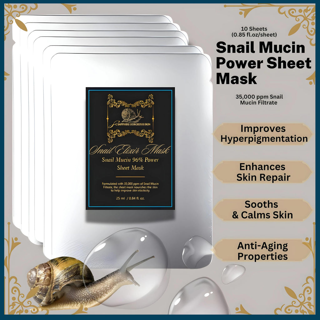Snail Mucin Sheet Mask | Renewal Elixir Face Masks Skincare | 96% Power Snail Essence Serum for Skin Repair & Hydration | Treats Photo-Aged Skin | Not Tested on Animals | Korean Skin Care