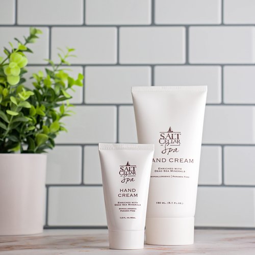 Salt Cellar Spa Dead Sea Mineral Hand Cream, Moisturizer Lotion for Dry, Cracked Skin Enriched with Glycerin, Olive Oil, Paraben Free, Fast Absorbing, 5.1 FL oz (150 ml)