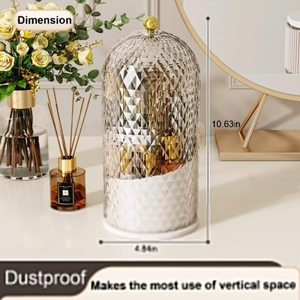 RONGZHIERK Makeup Brush Holder with Lid，Makeup Brush Storage Box with Diamond Pattern，360 Rotating Waterproof and Dustproof Beauty Brushes Storage for Vanity Bathroom,White