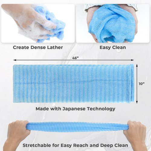 Back Scrubber for Shower and Dead Skin Removal, Exfoliating Body Scrubber for Smooth Skin Japan Washcloth for Shower & Bath, Versatile Body Scrub Towel, Ideal for Skincare, Deep Exfoliation Blue