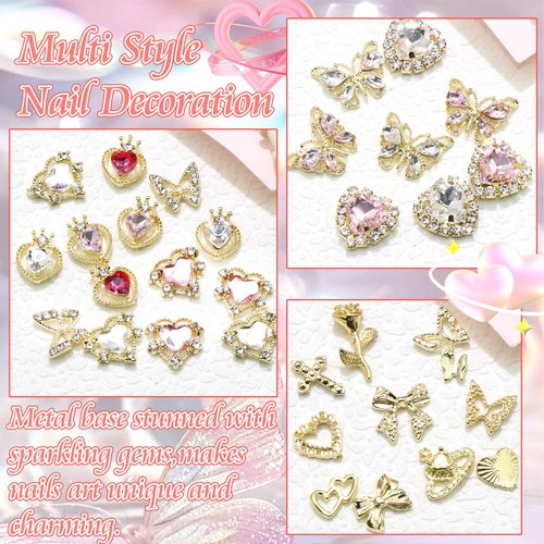 RODAKY 124PCS Gold Nail Charms 3D Butterfly Nail Gems Pink Crystal Heart Nail Art Jewelry Bow Charms for Acrylic Nails Glitter Cute Nail Decoration Metal Rose Cross Charms for Manicure Design
