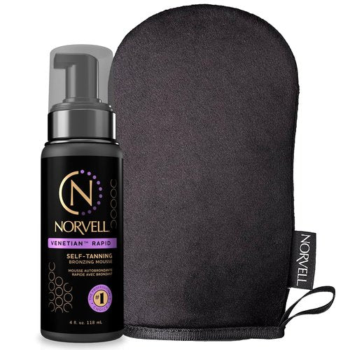 Norvell Venetian Rapid Self Tanning Set - 4 Fl Oz Mousse with Bronzer & Reusable Applicator Mitt for Streak-Free Glow