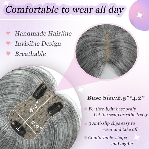 Hair Toppers for Women Real Human Hair， 360° 3D Cover Hair Topper Clip in Bangs 10 Inch Realistic Scalp Pieces for Women with Thinning Crown (Gray, Side Bangs)