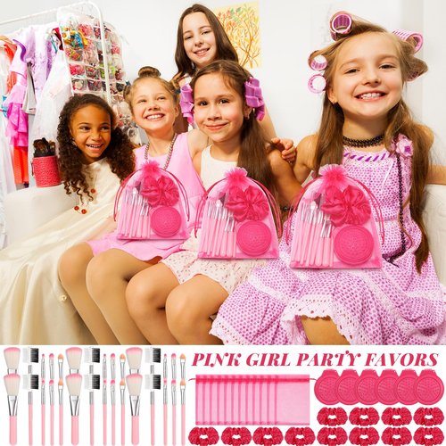 SiliFine Pink Girl Party Favors Girl Makeup Party Favor Party Supplies Set Includes Pink Gauze Bags, Hair Scrunchies, Foldable Mirror Hair Brushes, Makeup Brushes Toys(96 Pcs)