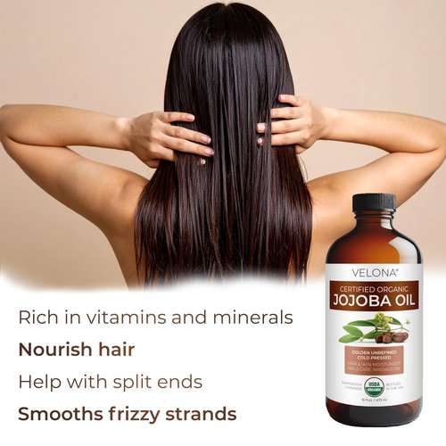 velona Jojoba Oil USDA Certified Organic - 16 Fl Oz in Glass Bottle | 100% Pure and Natural | Golden, Unrefined, Cold Pressed, Hexane Free | Moisturizing Face, Hair, Body, Skin Care