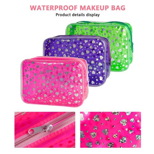 TotePrint 2set Neon TSA Approved Clear Toiletry Pouch, 7"x2.3"x4.7" Size, PVC Travel Makeup Bags for Toiletries, Transparent Cosmetic Bag for Women and Men Small (Heart+Pink)