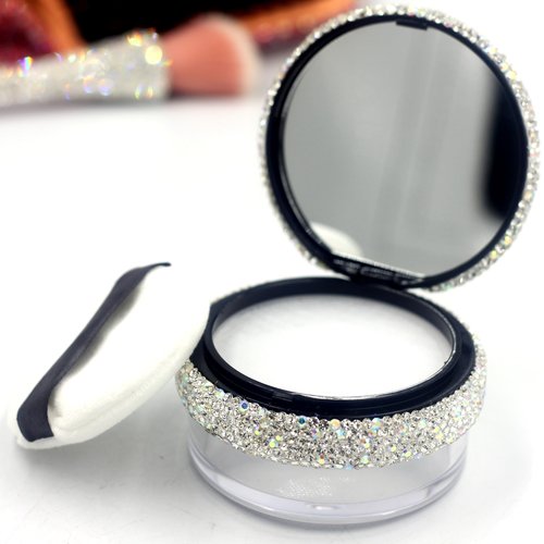 Bestbling Bling Rhinestone Refill Loose compact Powder Container - 20g Capacity, Elastic Mesh, No Powder Leakage, Includes Powder Puff, Versatile Cosmetic Storage, Powder Dispenser (Silver)
