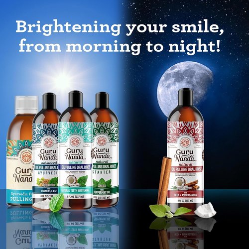GuruNanda Starter Pulling Oil Mouthwash for Natural Teeth Whitening, Coconut and Peppermint Oil for Fresh Breath & Happy Gums, Alcohol-Free, 8 Oz