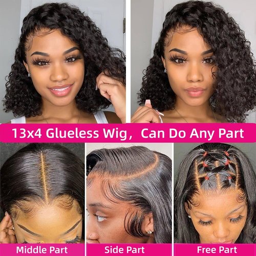 SODLIS Wear and Go Glueless Short Curly Bob Wig Human Hair Pre Cut 13x4 Deep Curly Lace Front Wigs Human Hair Pre Plucked Glueless Bob Wigs For Black Women Natural Hairline 150% Density（8 Inch）