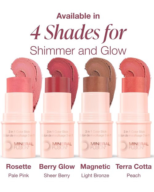 Mineral Fusion 3-in-1 Color Stick - Hydrating Cream Blush Tint for Cheeks, Lips & Eyes - Natural Rosette