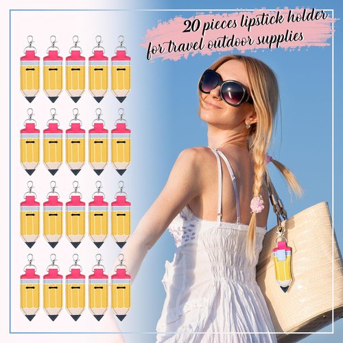 Abbylike 20 Pcs Lipstick Holder Keychain Lip Balm Holder Lipstick Keychain Bulk Pouch Portable Lip Balm Bag with Hook Back to School for Women Teacher Gift (Pencil)