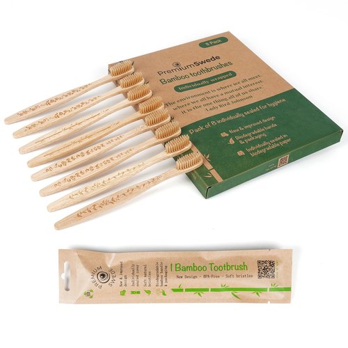 Premiumswede Bamboo Toothbrushes Soft Bristles Adult - 8 Pack Eco-Friendly Bamboo Toothbrushes Individually Wrapped - Sealed Soft Bristle Toothbrush - Biodegradable Natural Wooden Toothbrush