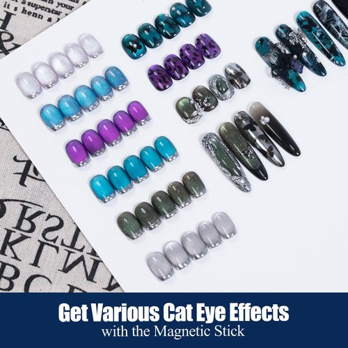 Adhere 6Pcs 12ML Cat Eye Soak Off UV LED Gel Nail Polish Set, Colorful Light Ultrafine Magnetic Powder Blue Purple White Green Silver Cat Eye with Magnet